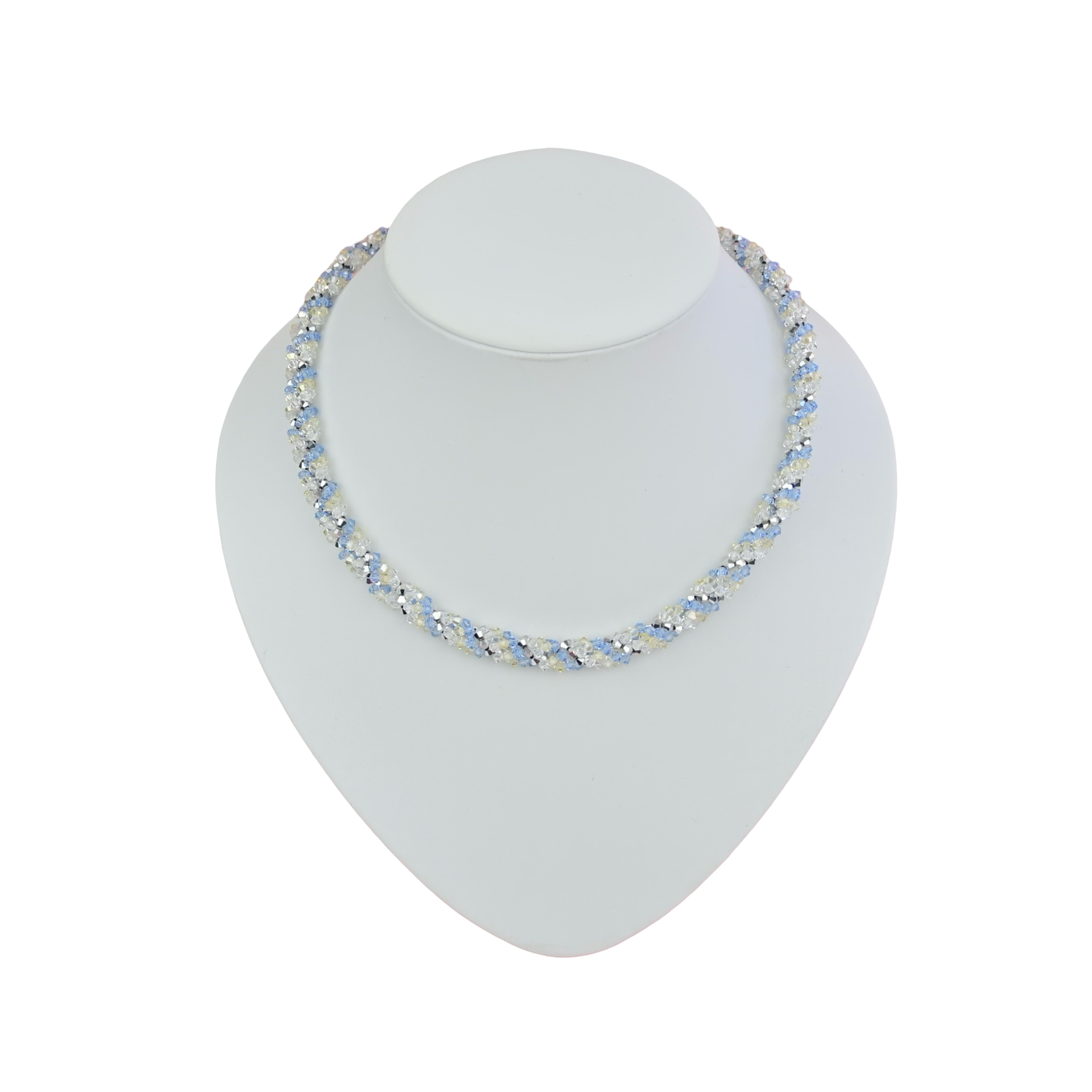 A delicate evening dress necklace with interlocking faceted clear and light blue crystal chain