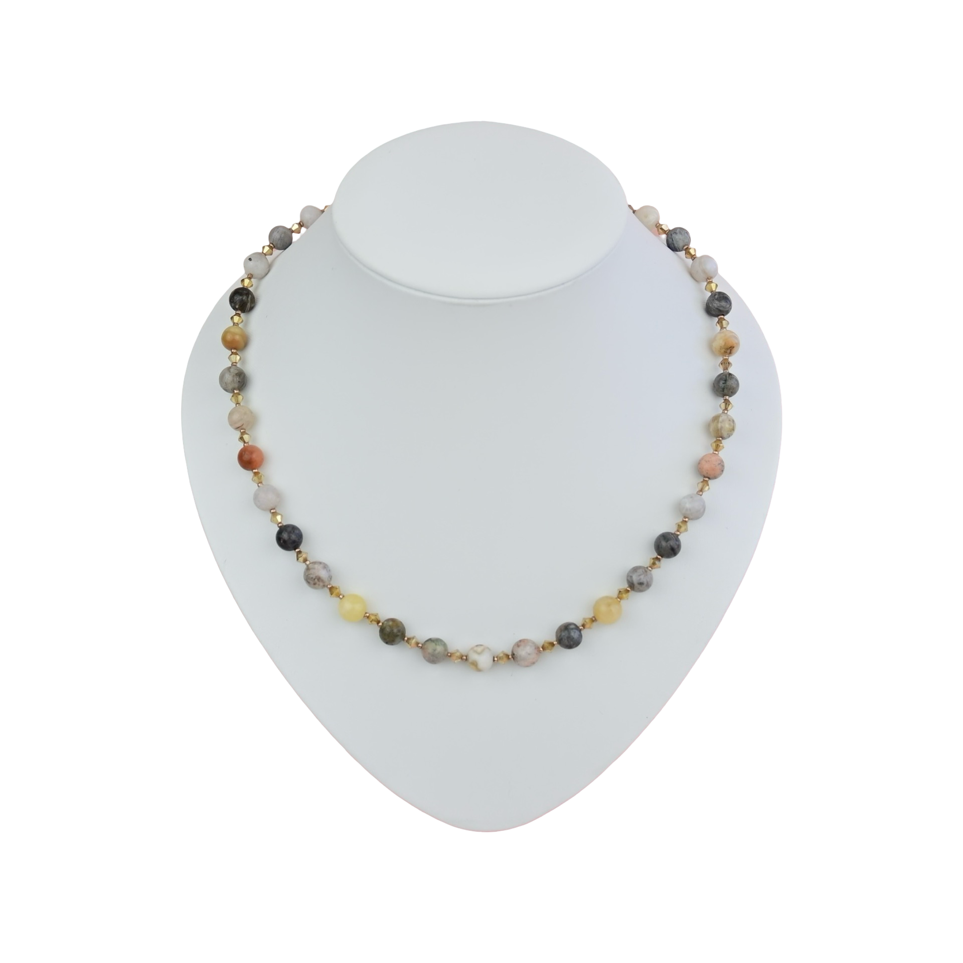 Achat kette mit kristallen aus mehrfarbigen rundpolierten steinen in grau beige orange und gelb mit goldfarbenen abständen