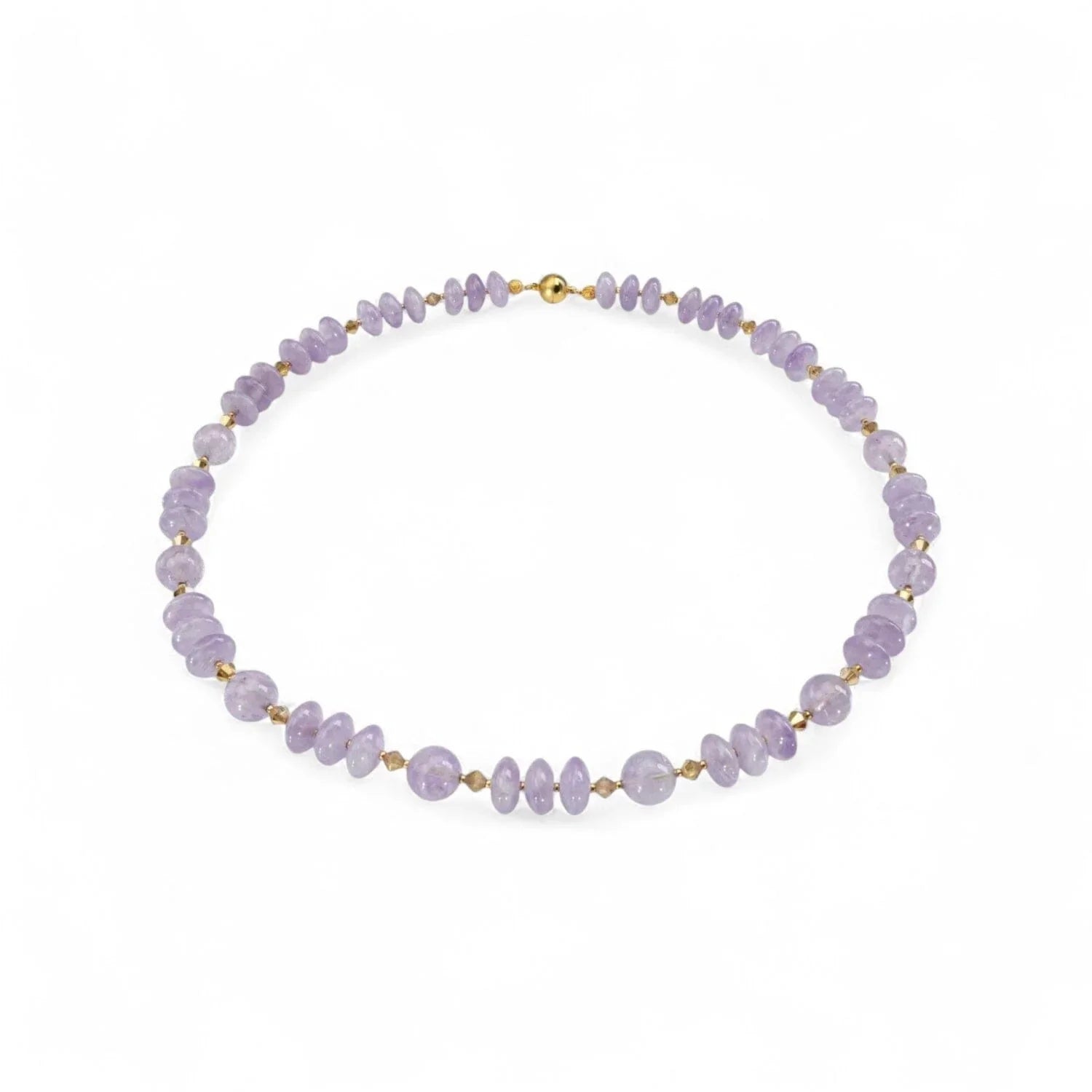 Amethyst Kette mit violetten Perlen und vergoldeten Kristallen, handgefertigt mit Magnetverschluss