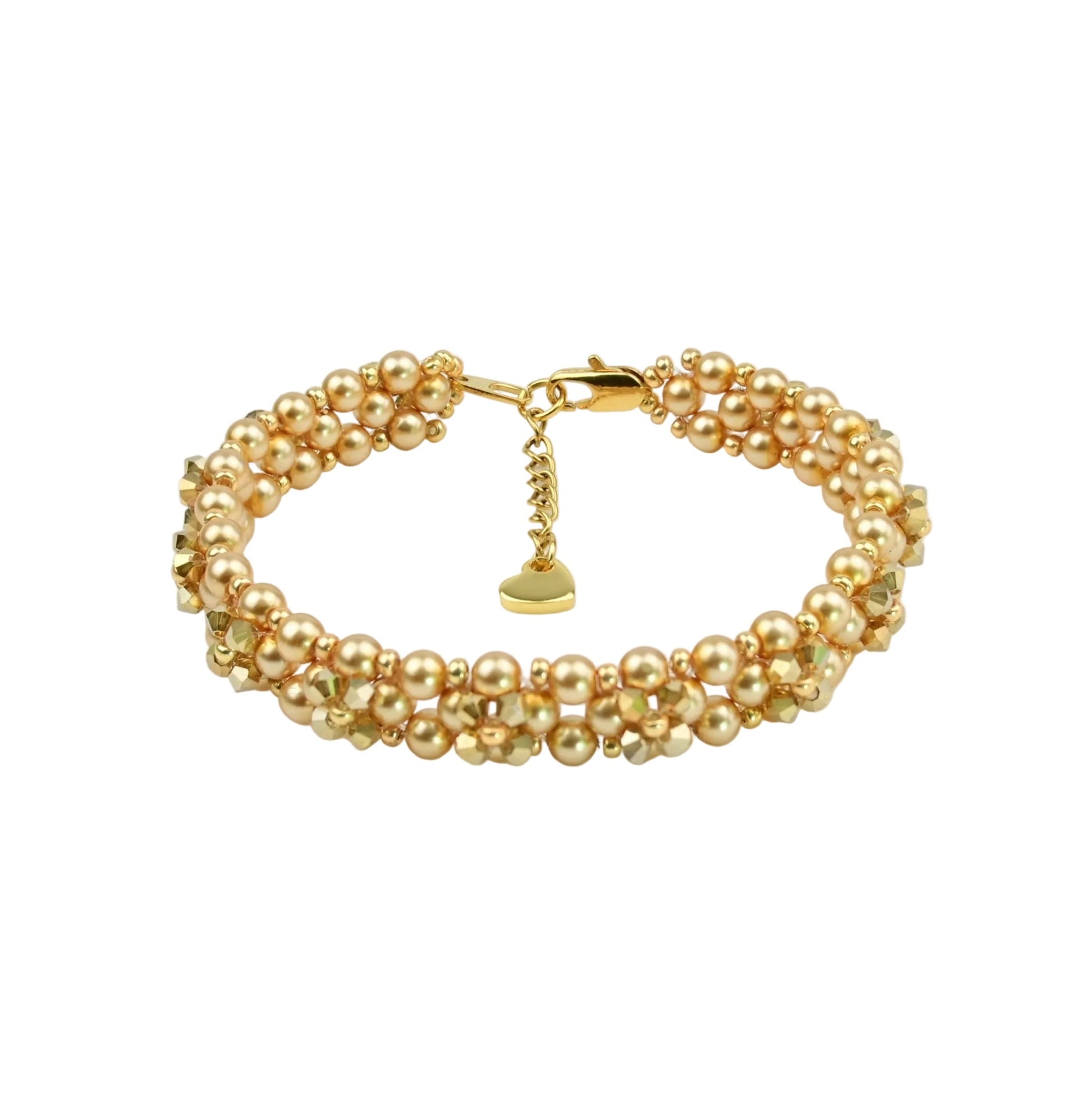 Goldtoner mehrreihiger armband mit kristallperlen und runden perlen, verziert mit herzförmigem anhänger