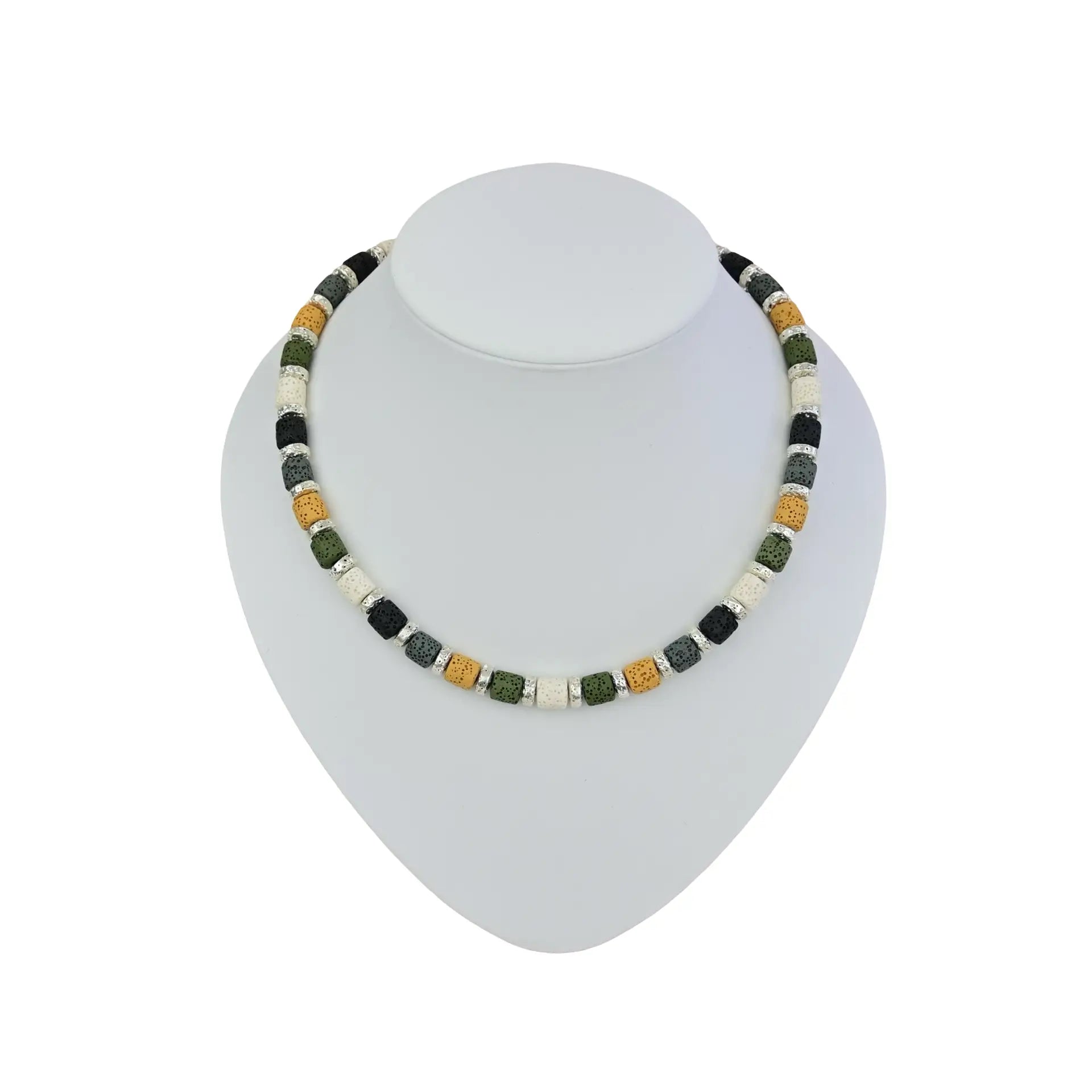 Bunte lavastein kette damen mit schwarzen, olivgrünen, orangen und weißen lavasteinperlen und silbernen metallakzenten