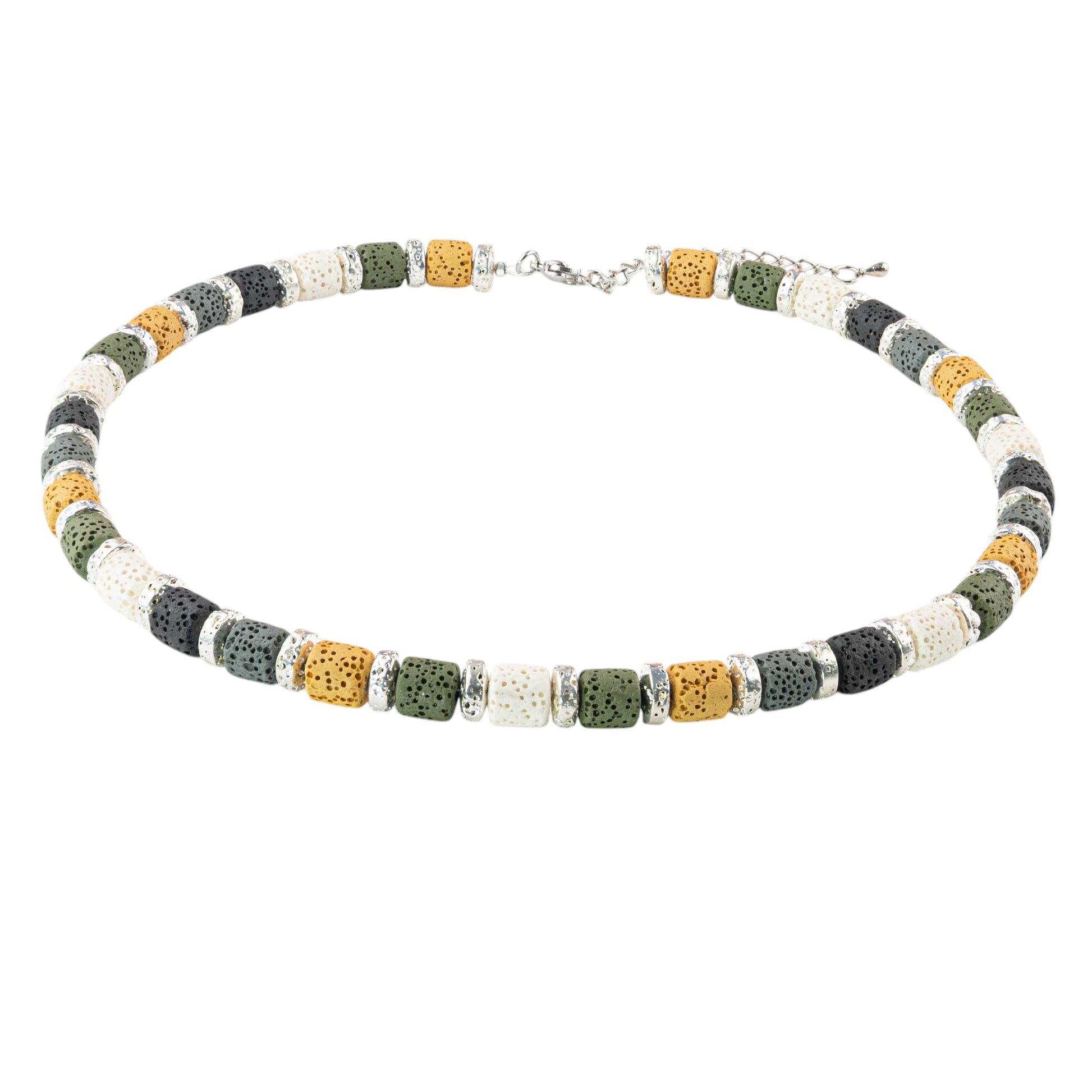 Bunte Lavastein Kette Damen von Perlenmieze, abgebildet flach mit galvanisierten Lavasteinscheiben und einem Karabinerverschluss.