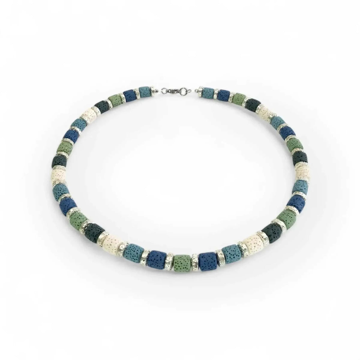 Bunte Lavastein Kette in Meeresfarben mit silbernen Details