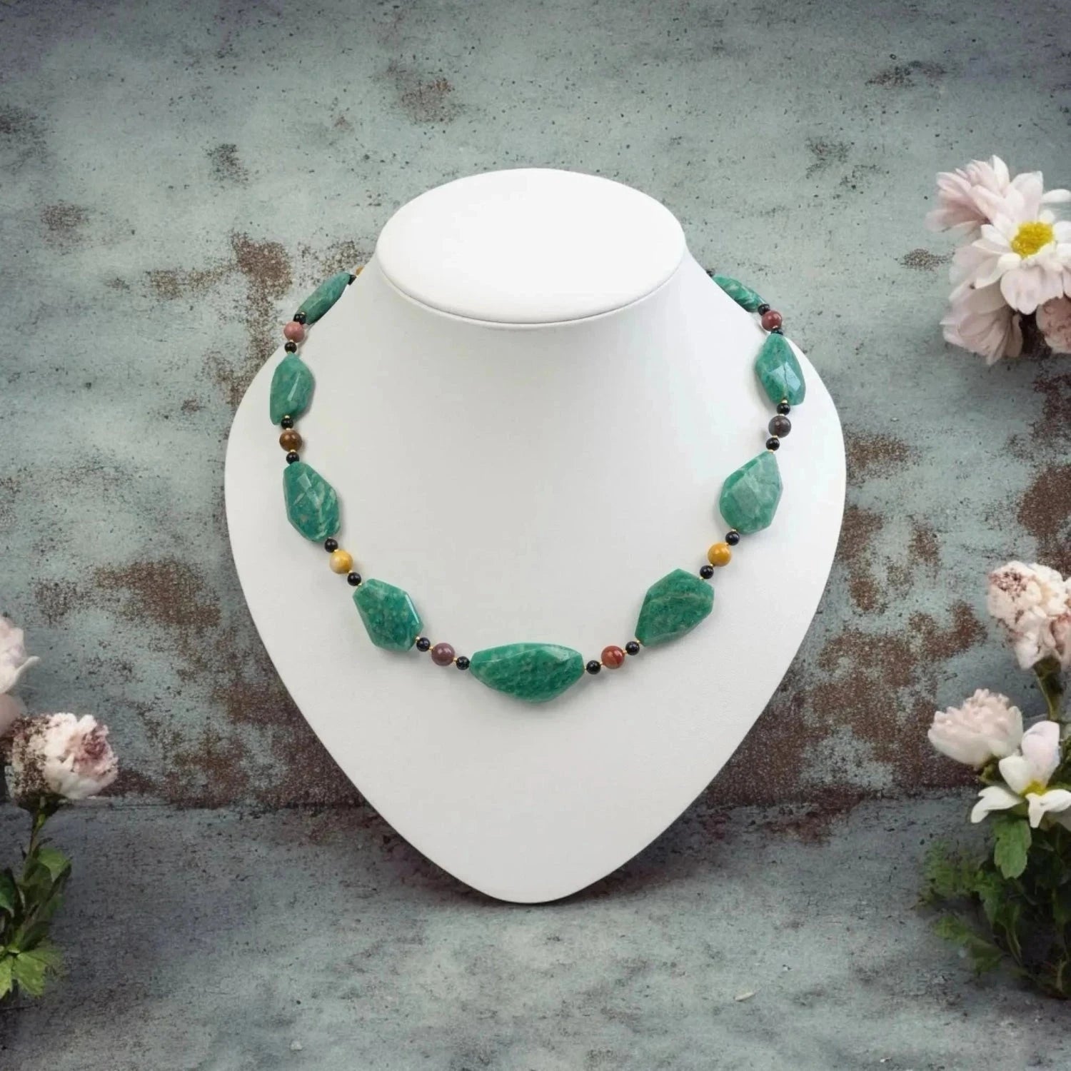 Elegante Amazonit Kette Für Damen Mit Mookait & Blaufluss - Unikat Schmuckstück Mit Magnetschloss Halskette Perlenmieze