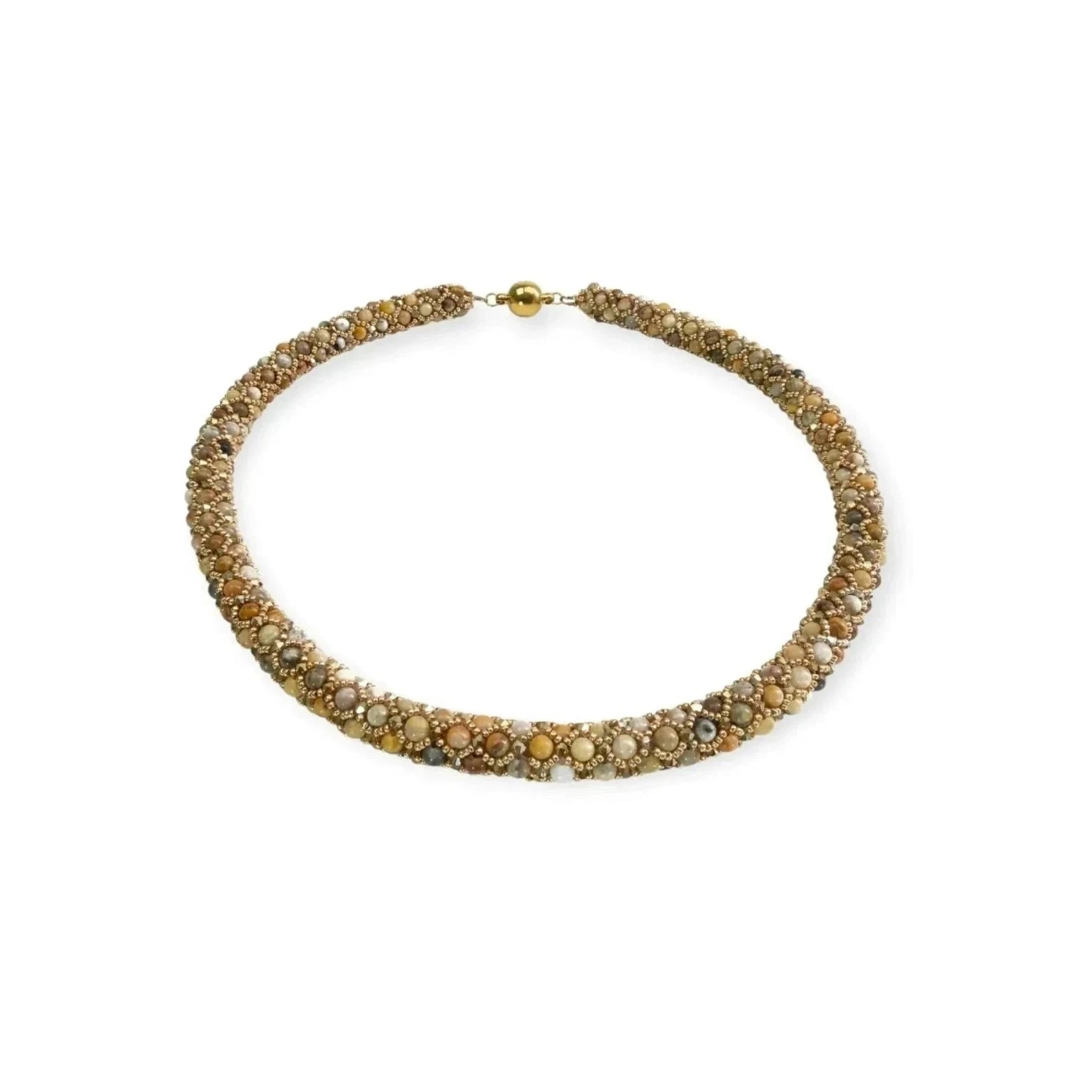 Elegante Crazy Lace Achat Stein Kette mit Kristallen und Rocailles – Handgefertigter Schmuck Halskette Perlenmieze