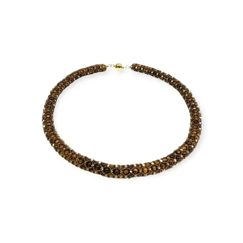 Elegante Tigerauge Kette im Netzdesign mit Kristallperlen und Magnetverschluss, 51 cm Halskette Perlenmieze