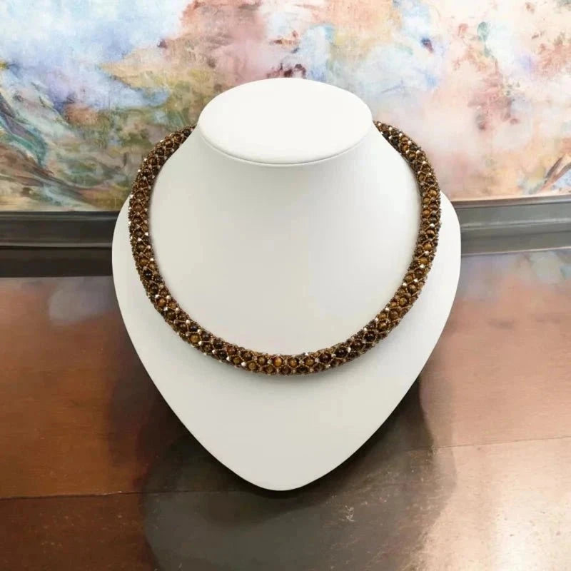 Elegante Tigerauge Kette im Netzdesign mit Kristallperlen und Magnetverschluss, 51 cm Halskette Perlenmieze