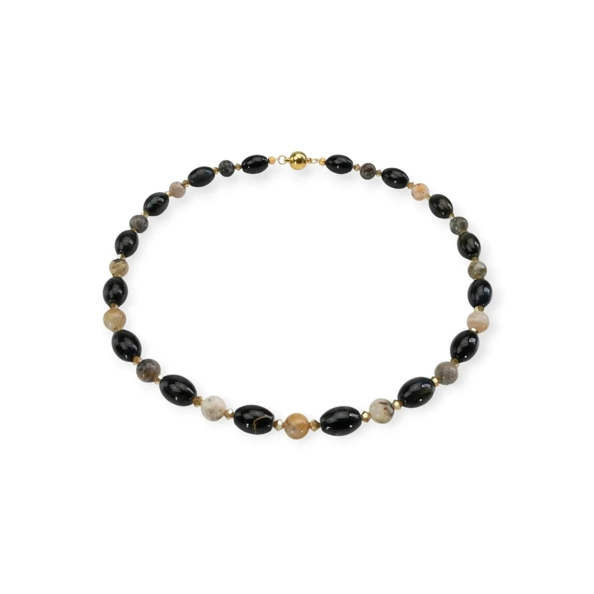 Falkenauge kette mit armband mit zarten schwarzen und erdfarbenen ovalperlen und goldfarbenem verschluss