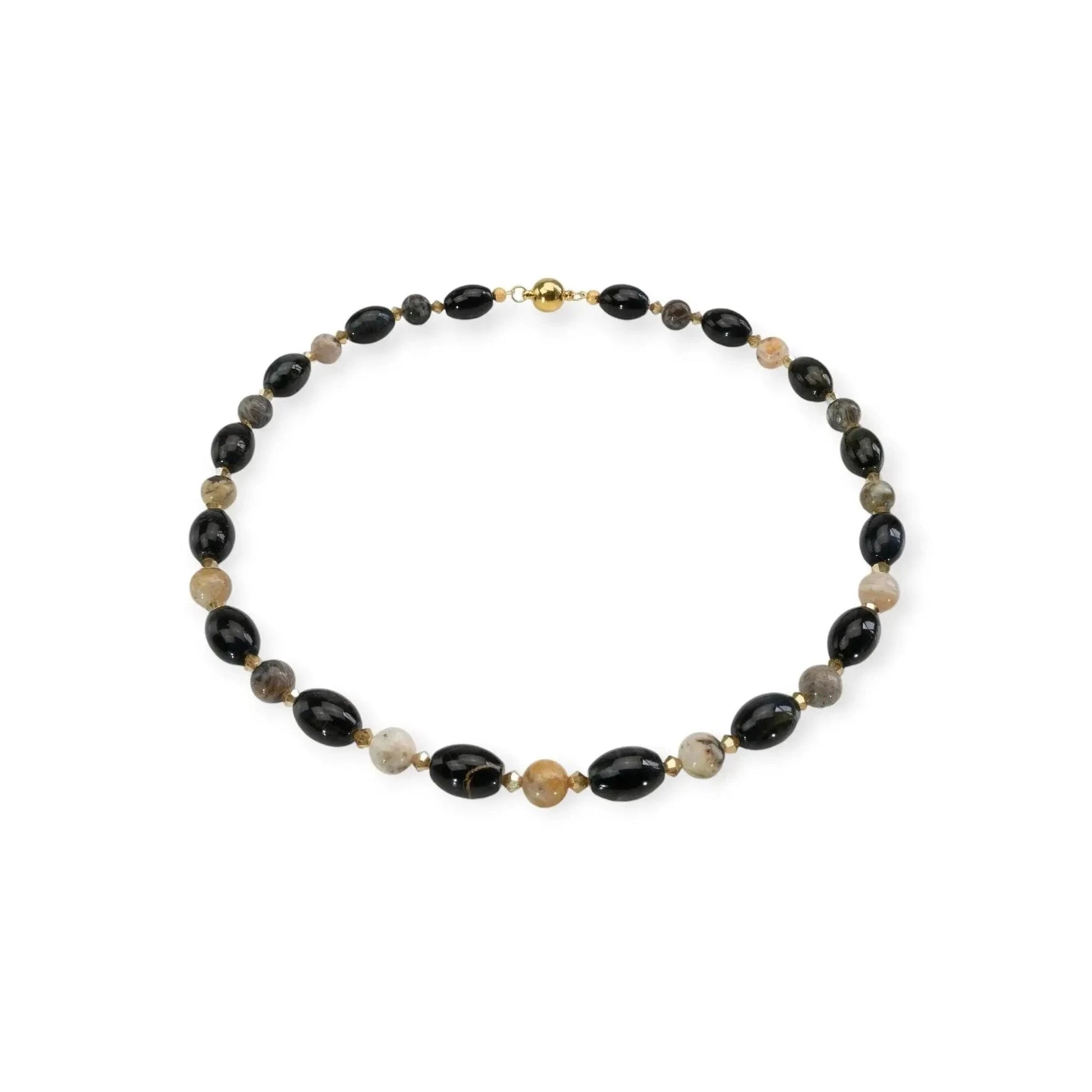 Set Falkenauge Kette mit Armband von Perlenmieze, elegante Halskette aus Falkenauge und Achat mit funkelnden Kristallen.