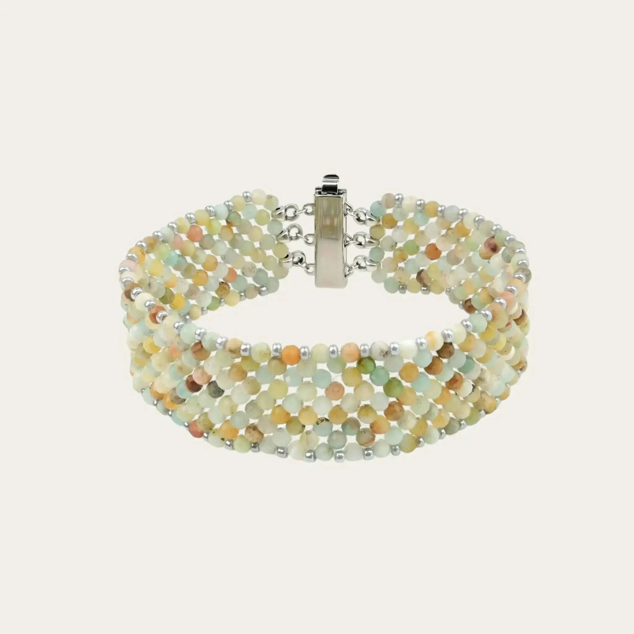 Breites Armband Aquamarin mit facettierten Multicolor Edelsteinperlen und silberfarbenem Verschluss