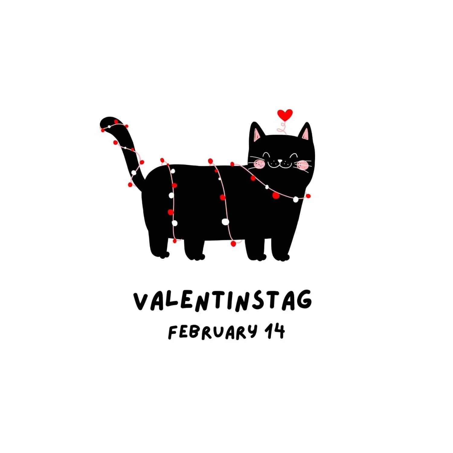 Verspielte Grußkarte zum Valentinstag mit schwarzer Katze, Herz und Lichterkette, mattiertem Premiumpapier