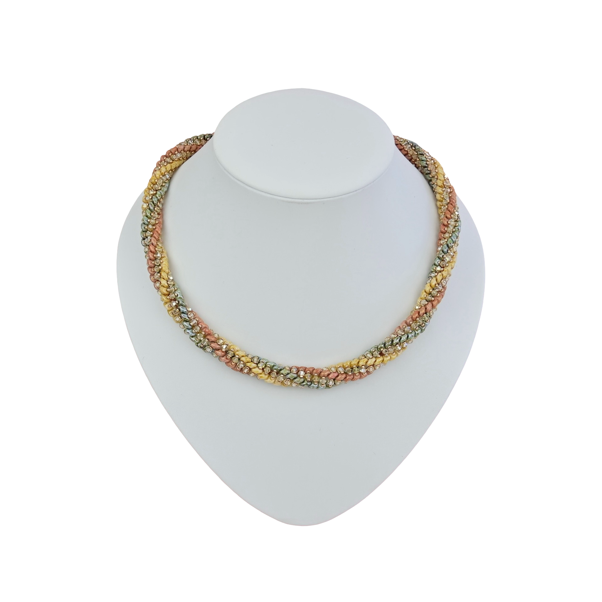 Handgefertigte Halskette Spirale mit Picasso Twin Beads in warmen Naturtönen