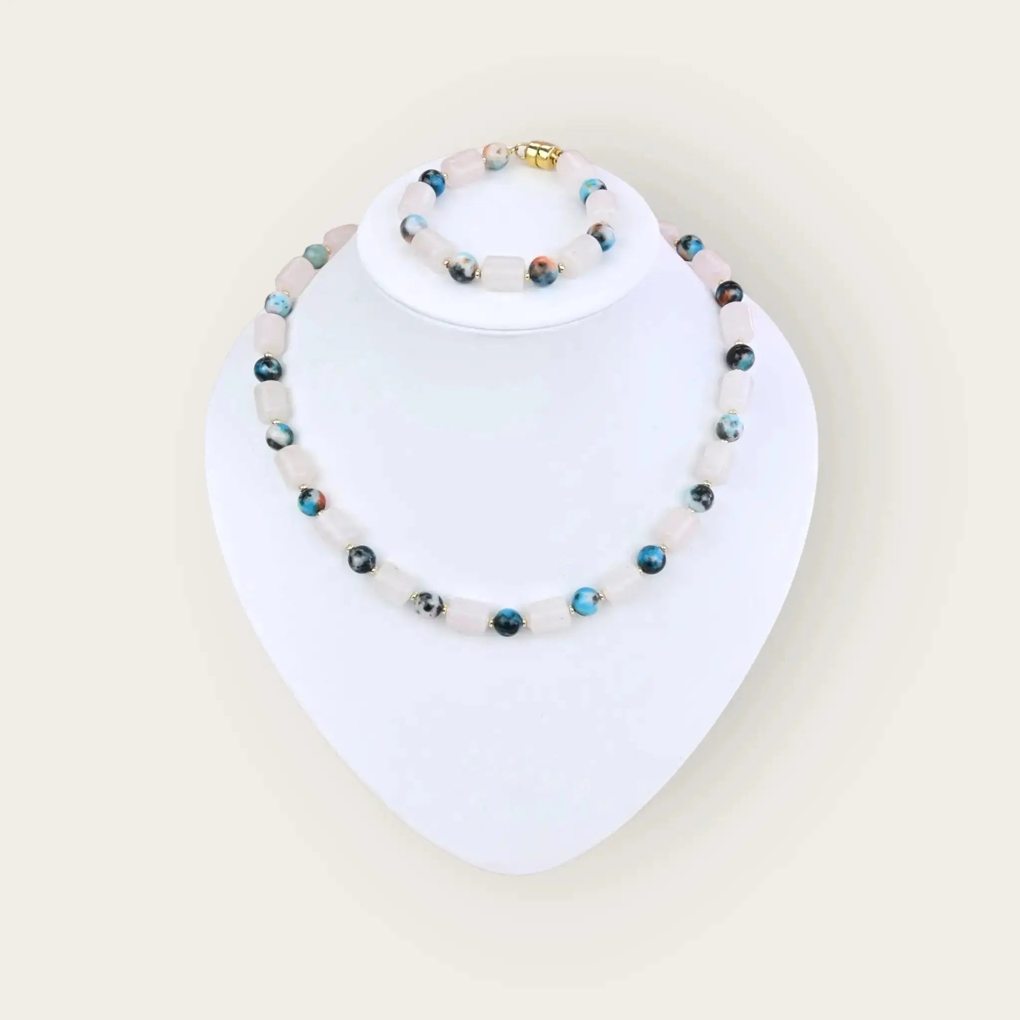 Kette und armband rosenquarz mit jade - perlenmieze