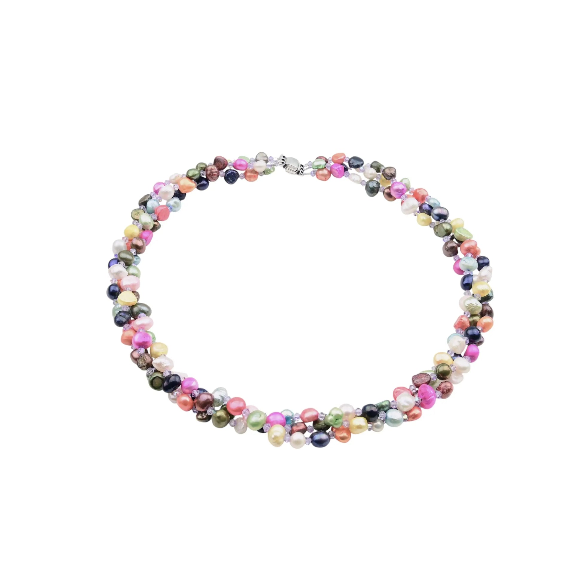 Mehrreihige kette mit unregelmäßigen süßwasserperlen in rosa, grün, gold und dunklen farbtönen