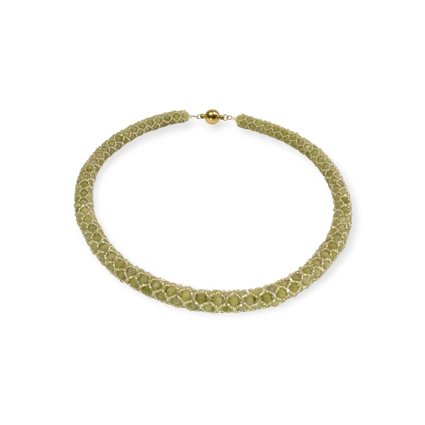 Peridot Kette in Netzoptik – Handgefertigte Eleganz mit Mattierten Peridot-Perlen und Kristallen Halskette Perlenmieze