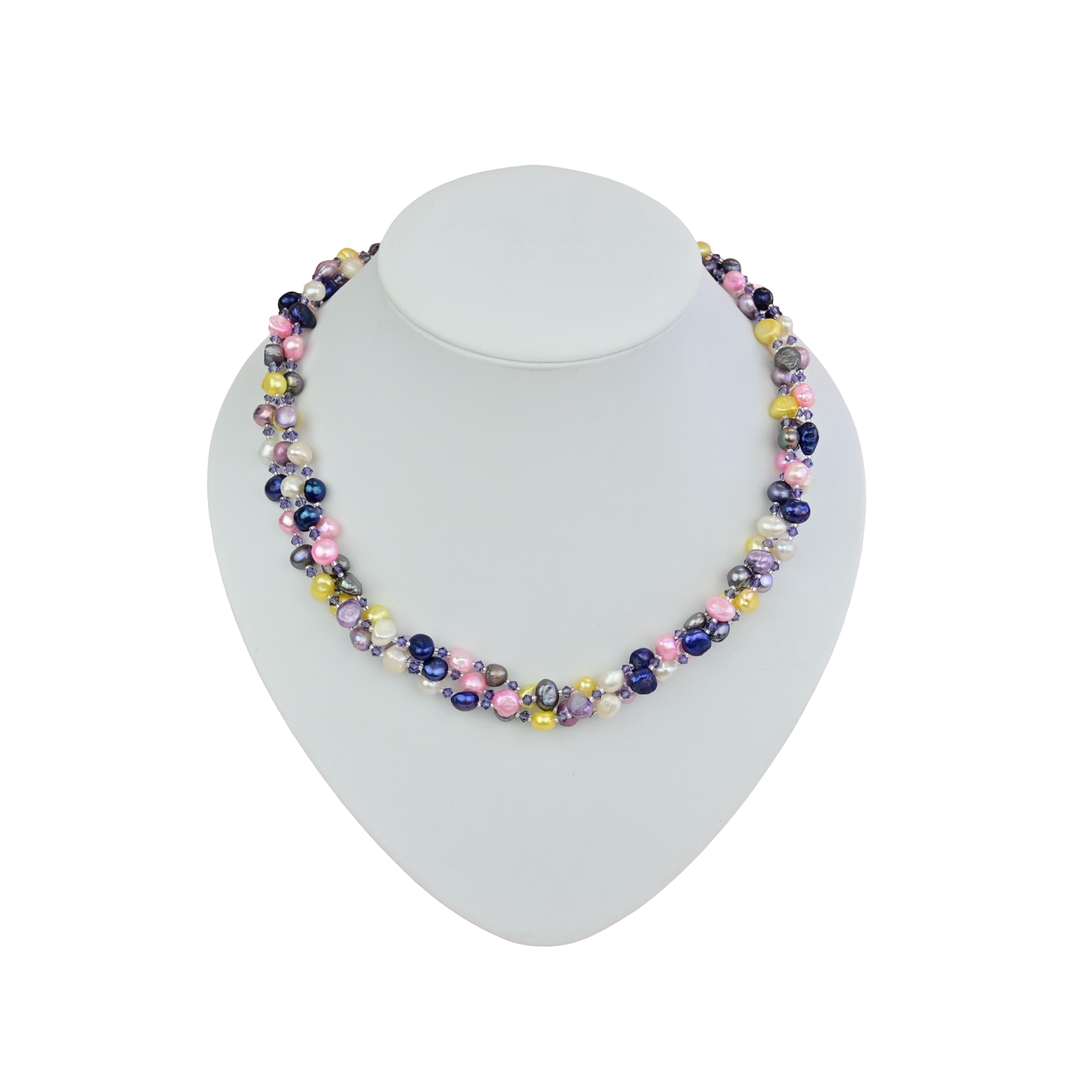 Süßwasser perlenkette bunt mit zarten mehrstrangdesign und pastellrosa, tiefvioletten und gelben perlen