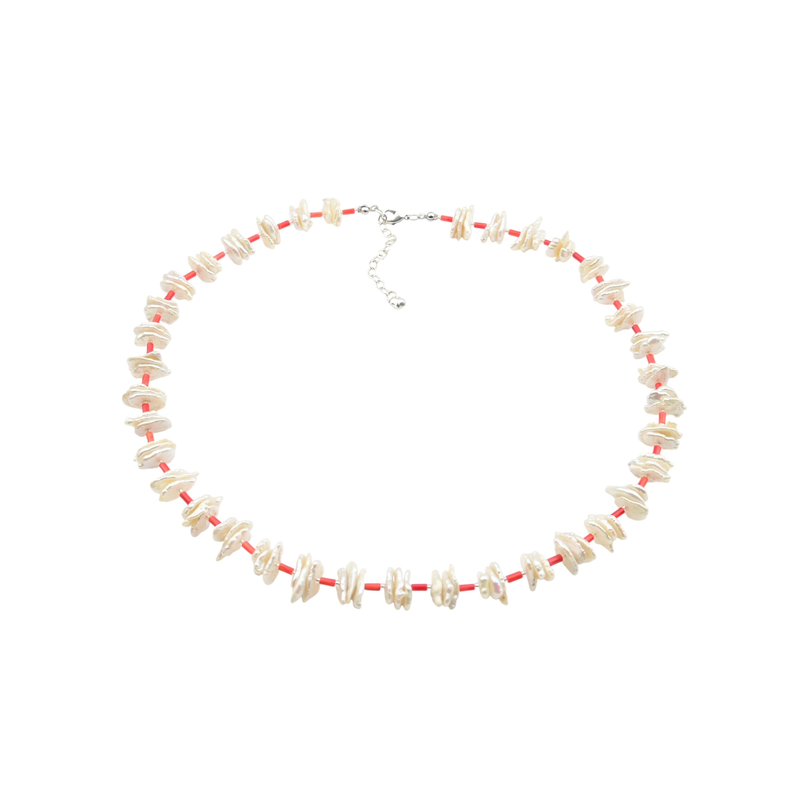 Süßwasserperlen Kette mit Roter Koralle Halskette Perlenmieze