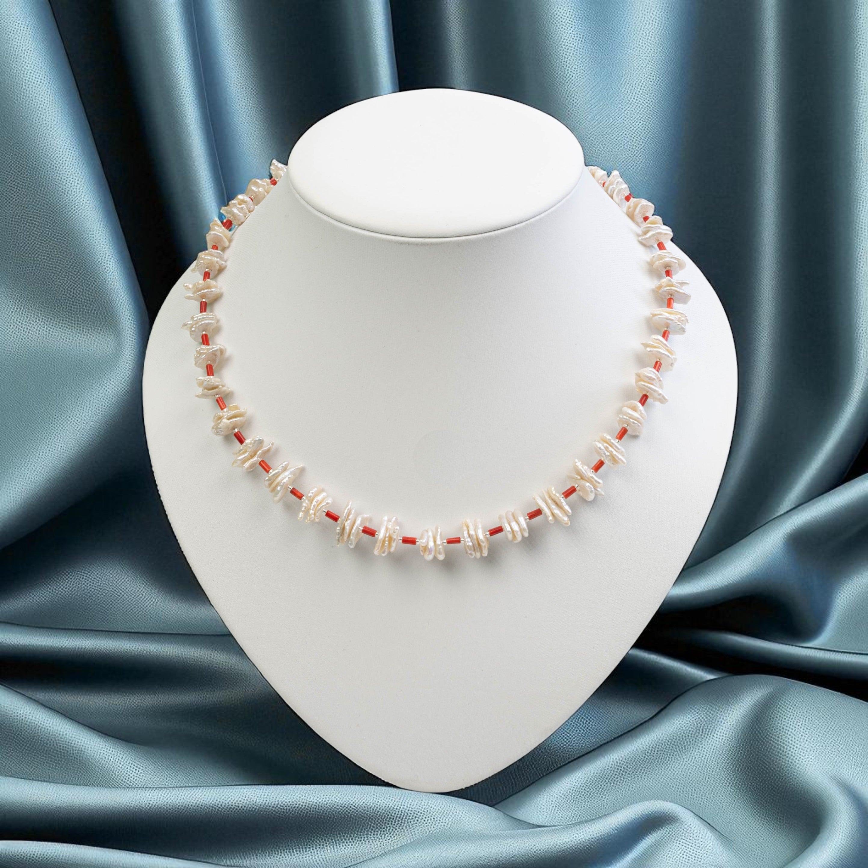 Süßwasserperlen Kette mit Roter Koralle Halskette Perlenmieze