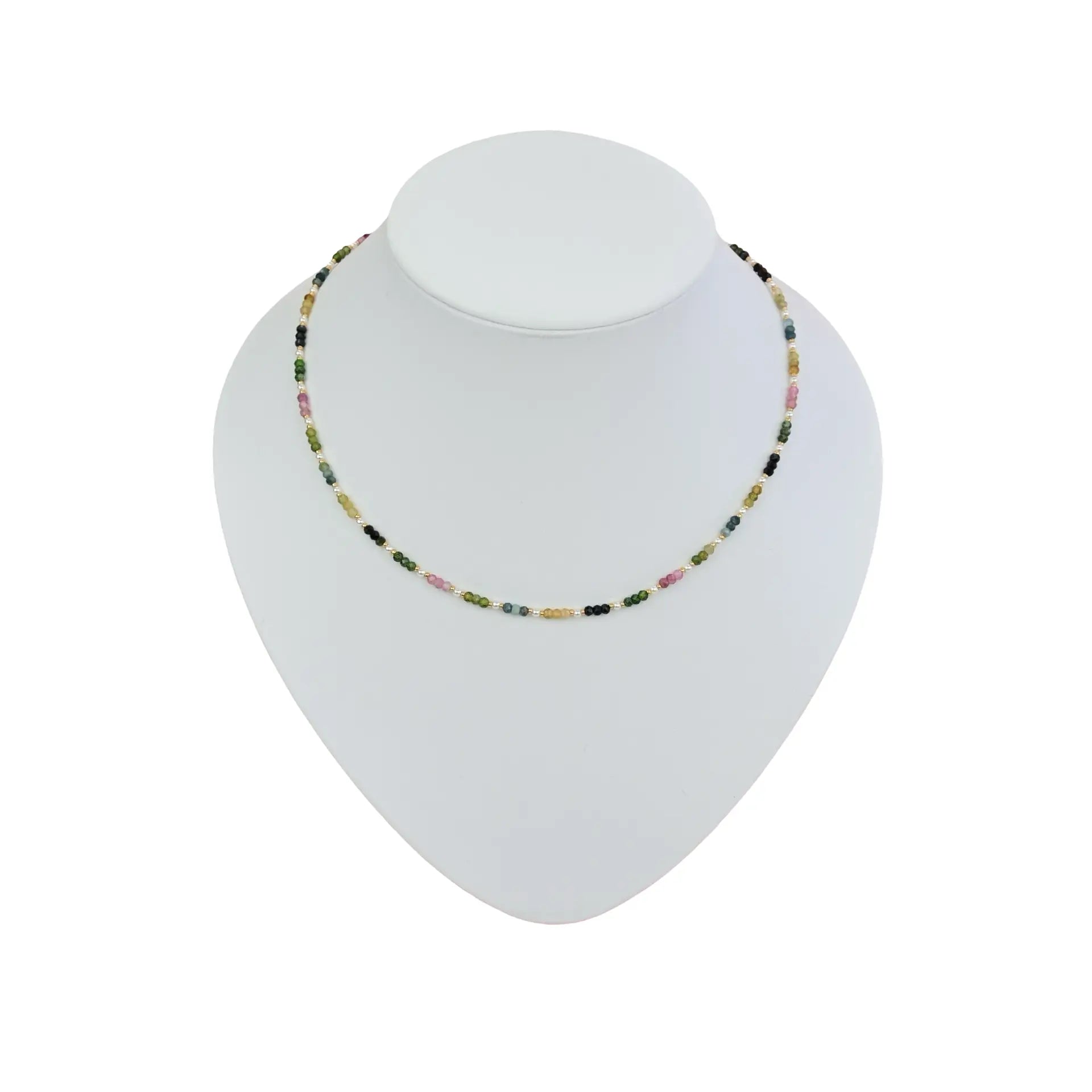 Delikate turmalin kette mit crystal perlen aus bunten grünen rosa und schwarzen edelsteinen an silberdraht